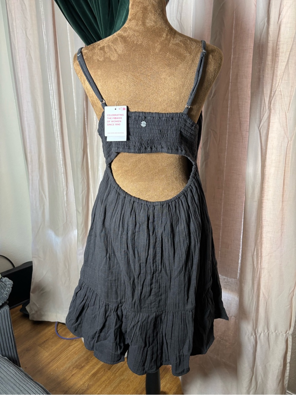Roxy Gray Smocked Mini Dress with Logo Accent - Picture 4 of 9